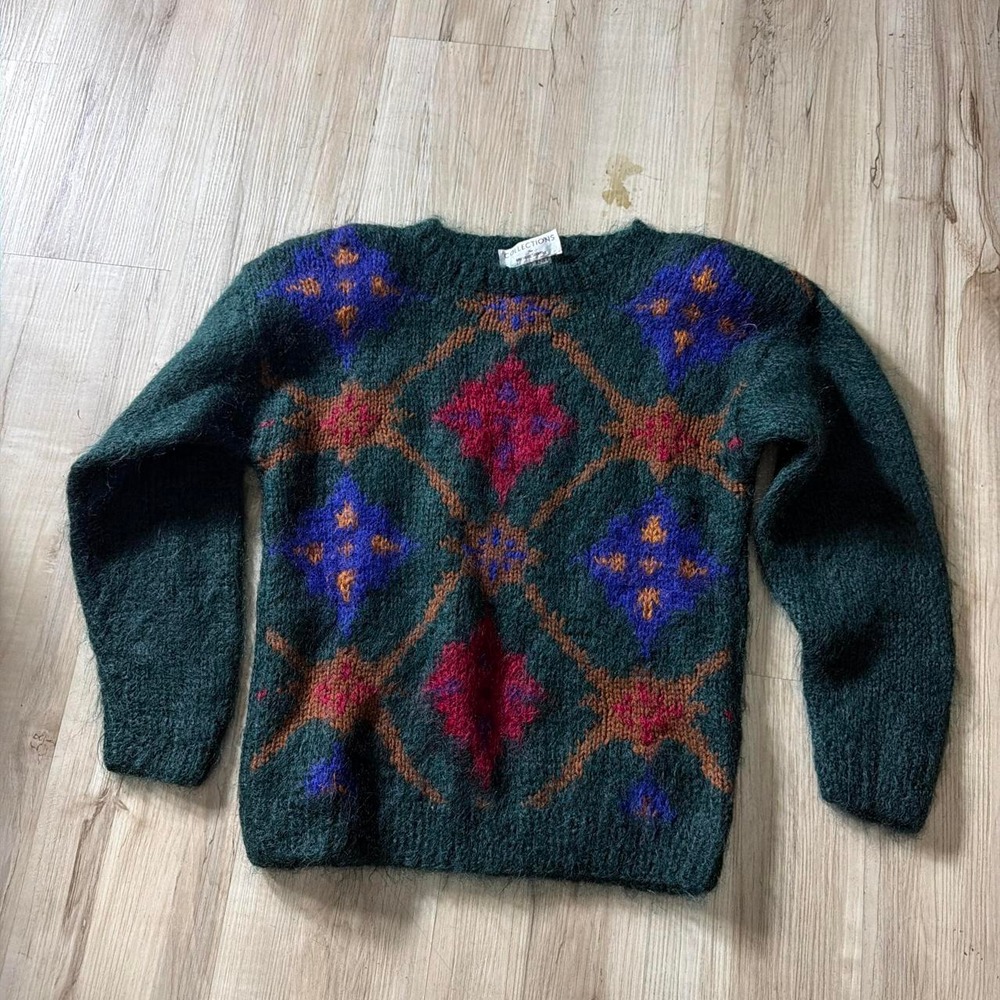 Collections Michelle Stuart Vintage 90s Mohair Geometric Diamond Sweater Green S